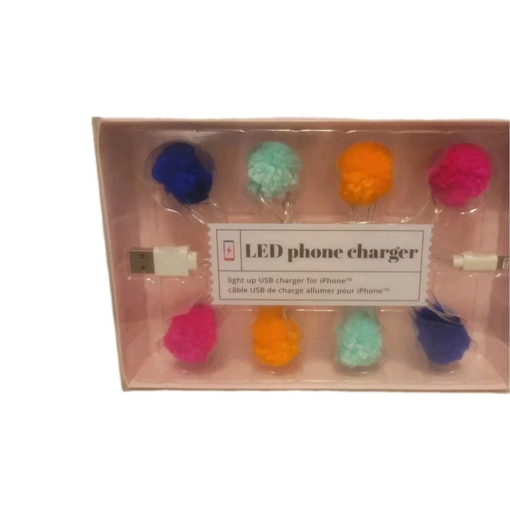 Led iPhone Charger Lights Up With Colored Pom Poms New In Box iPhone 5,6,7